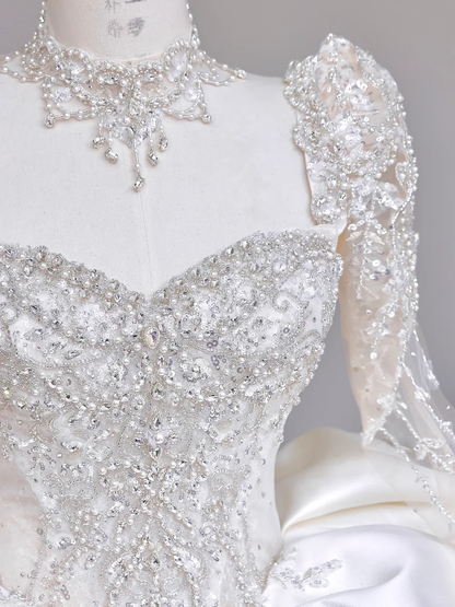 Unique Bridal Gown Ball Gown Sweetheart Long Sleeves White Sequin Wedding Dresses Bridal Gowns DP714