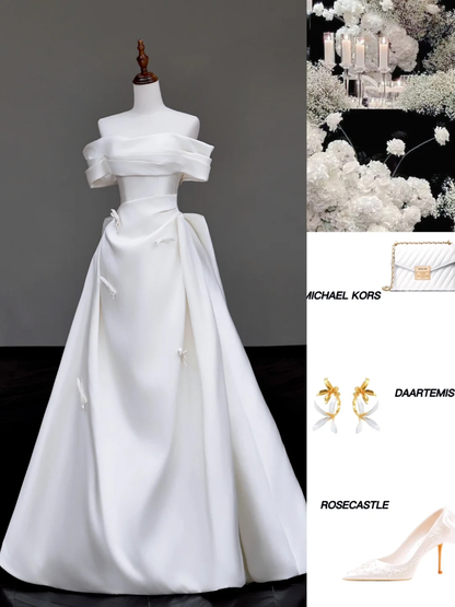 Unique Bridal Gown Ball Gown Off The Shoulder White Satin Wedding Dresses Bridal Gowns DP715