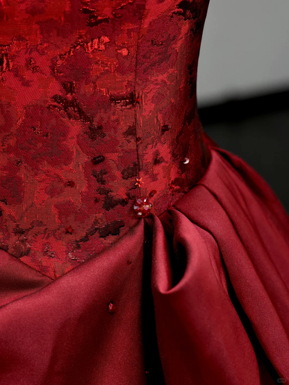 Gorgeous Ball Gown Off The Shoulder Burgundy Satin Long Prom Dresses Graduation Dresses DP716