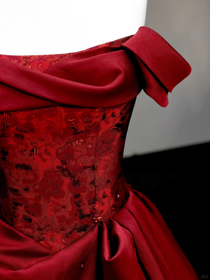 Gorgeous Ball Gown Off The Shoulder Burgundy Satin Long Prom Dresses Graduation Dresses DP716