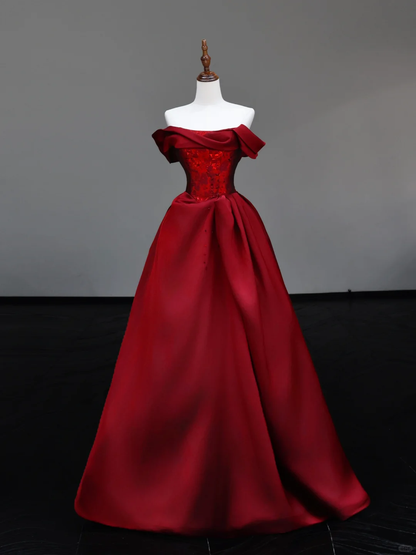 Gorgeous Ball Gown Off The Shoulder Burgundy Satin Long Prom Dresses Graduation Dresses DP716