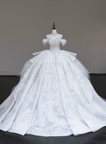 Unique Bridal Gown Ball Gown High Neckline White Sequin Wedding Dresses Bridal Gowns DP720