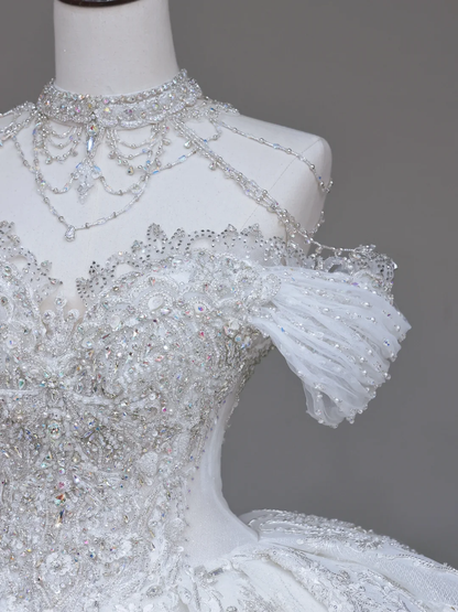 Unique Bridal Gown Ball Gown High Neckline White Sequin Wedding Dresses Bridal Gowns DP720