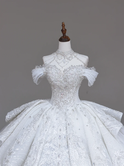 Unique Bridal Gown Ball Gown High Neckline White Sequin Wedding Dresses Bridal Gowns DP720