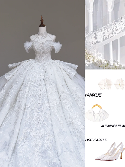 Unique Bridal Gown Ball Gown High Neckline White Sequin Wedding Dresses Bridal Gowns DP720