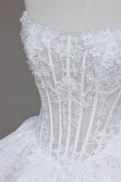 Unique Bridal Gown Ball Gown Sweetheart Lace White Satin Wedding Dresses Bridal Gowns DP684