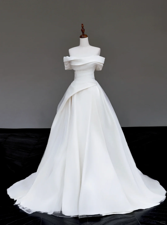 Unique Bridal Gown Ball Gown Off The Shoulder White Satin Wedding Dresses Bridal Gowns DP723