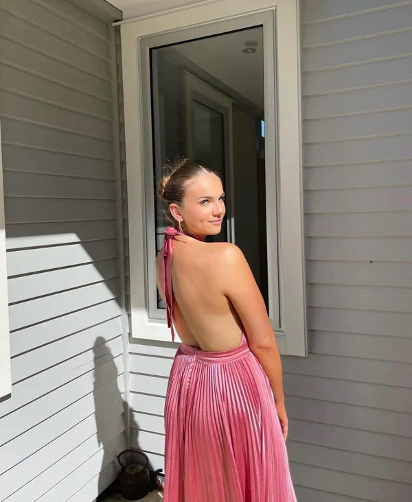 Elegant Wedding Guest Outfit A line Halter Pink Satin Prom Dresses Summer Wedding Guest Dresses Graduation Dresses DP727