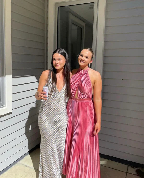 Elegant Wedding Guest Outfit A line Halter Pink Satin Prom Dresses Summer Wedding Guest Dresses Graduation Dresses DP727