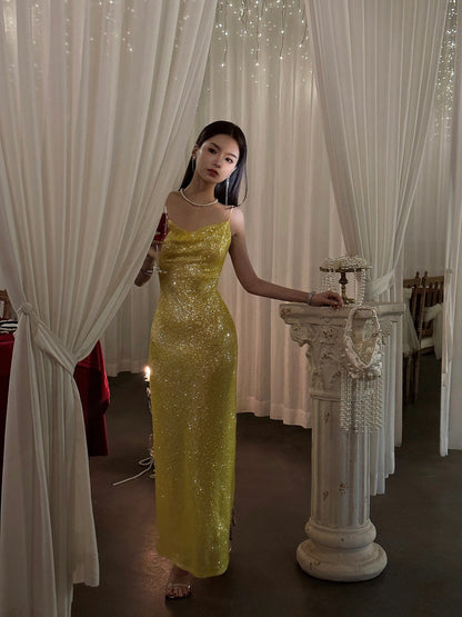 Classy Mermaid Spaghetti Straps Yellow Sequin Prom Dresses Summer Wedding Guest Dresses Wedding Guest Outfits DP751