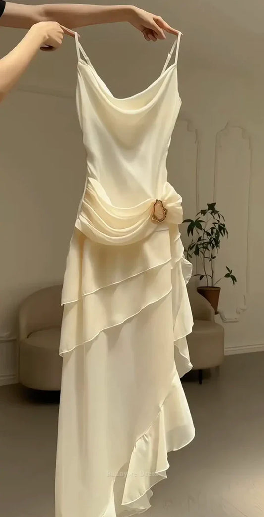 Gorgeous High Low Straps Ivory Chiffon Prom Dresses Formal Summer Wedding Guest Dresses Wedding Guest Outfits DP754