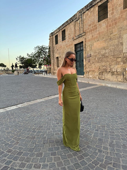 Elegant Wedding Guest Outfit Sheath Off The Shoulder Green Night Dresses Summer Wedding Guest Dresses Graduation Dresses DP759