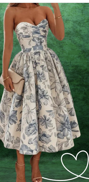 Elegant Wedding Guest Outfit Ball Gown Blue Floral Formal Night Dresses Summer Tea Length Wedding Guest Dresses DP769