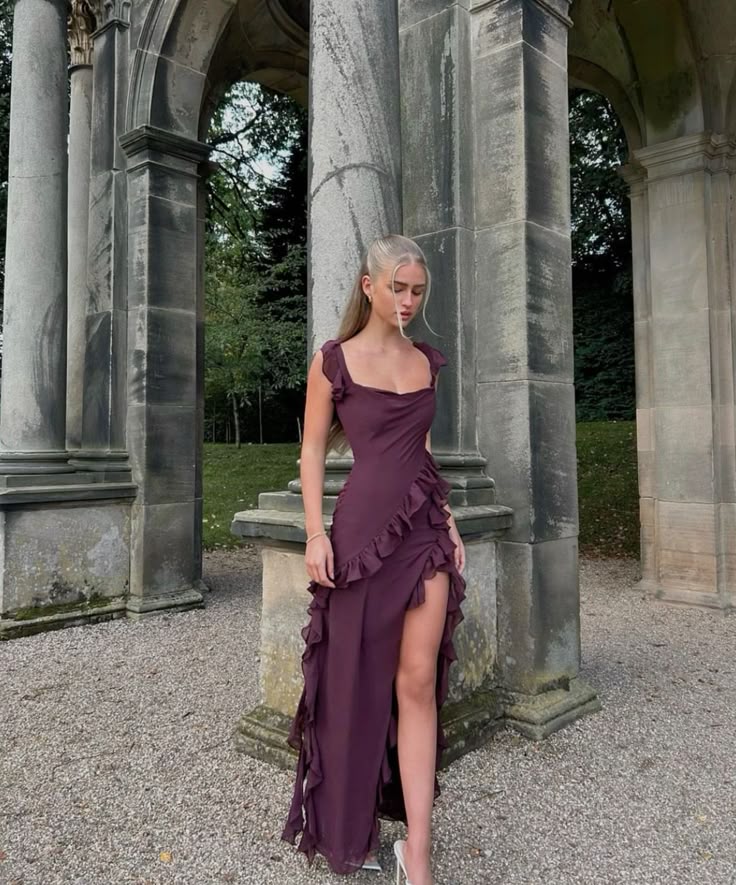 Gorgeous A line Square Neckline Grape Chiffon Slit Prom Dresses Formal Summer Wedding Guest Dresses Wedding Guest Outfit DP784