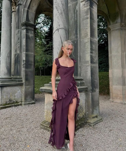 Gorgeous A line Square Neckline Grape Chiffon Slit Prom Dresses Formal Summer Wedding Guest Dresses Wedding Guest Outfit DP784