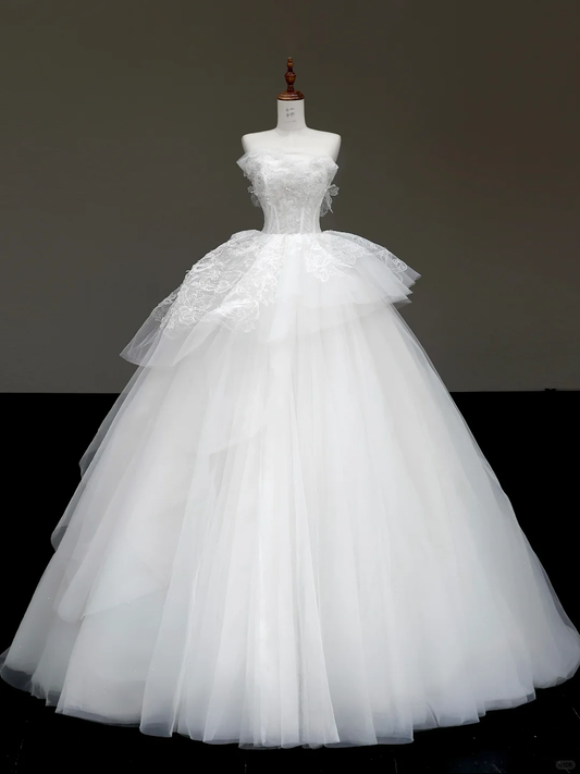 Unique Bridal Gown Ball Gown Strapless White Satin Wedding Dresses Beads Bridal Gowns DP787