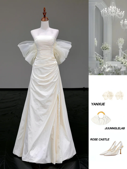 Unique Bridal Gown A line Strapless Satin Ivory Wedding Dresses Minimalist Bridal Gowns DP788
