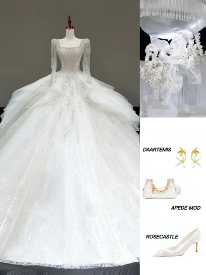 Unique Bridal Gown Ball Gown Square Neckline White Sequin Wedding Dresses Bridal Gowns DP792
