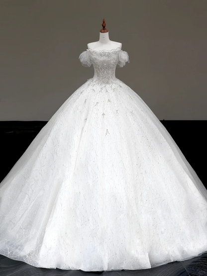 Classy Elegant Ball Gown Off The Shoulder Sequin White Short Sleeves Wedding Dress Brides Dress DP793