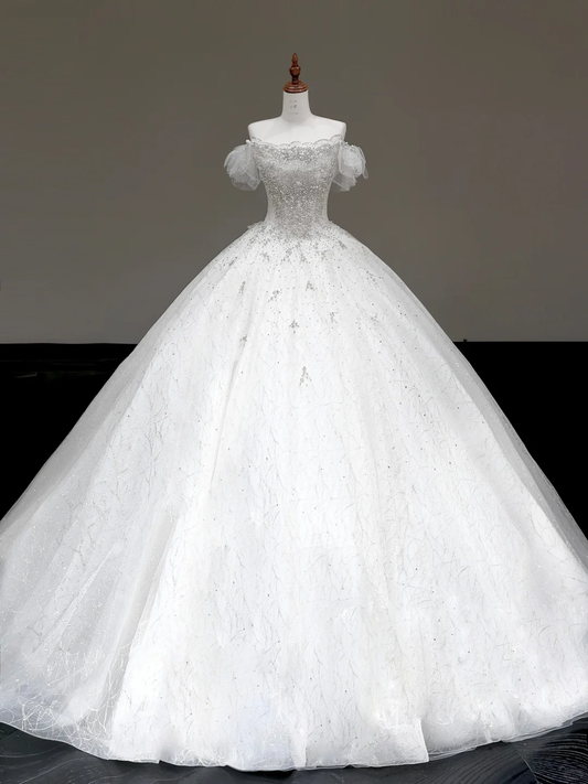Classy Elegant Ball Gown Off The Shoulder Sequin White Short Sleeves Wedding Dress Brides Dress DP793
