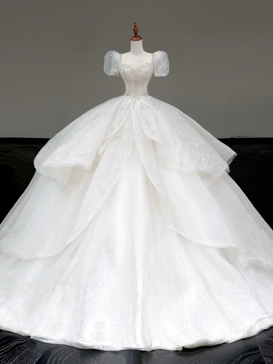 Unique Bridal Gown Ball Gown Sweetheart Short Sleeves White Sequin Wedding Dresses Bridal Gowns DP794