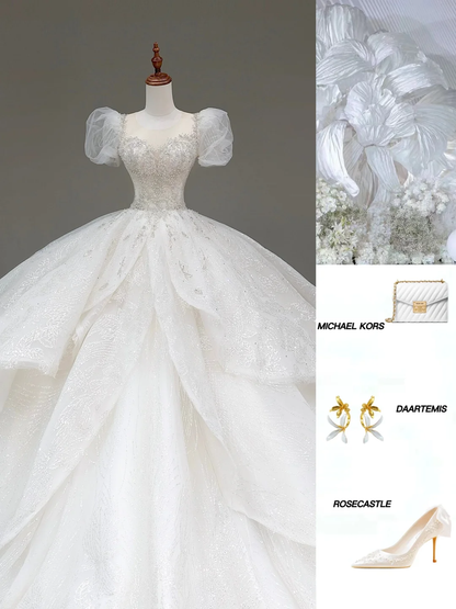 Unique Bridal Gown Ball Gown Sweetheart Short Sleeves White Sequin Wedding Dresses Bridal Gowns DP794