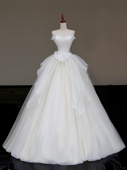 Unique Bridal Gown Ball Gown Strapless Tulle White Wedding Dresses Minimalist Bridal Gowns DP798