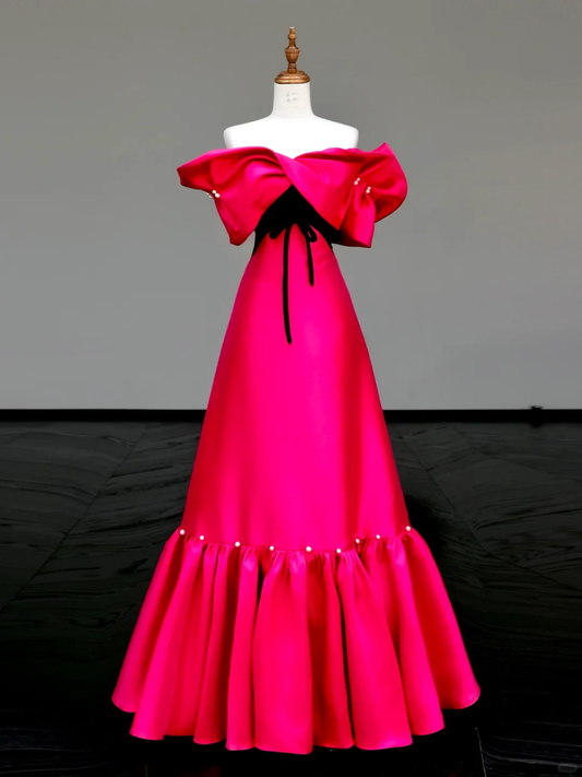 Gorgeous Ball Gown Off The Shoulder Hot Pink Satin Long Prom Dress Party Dress Graduation Dresses DP799