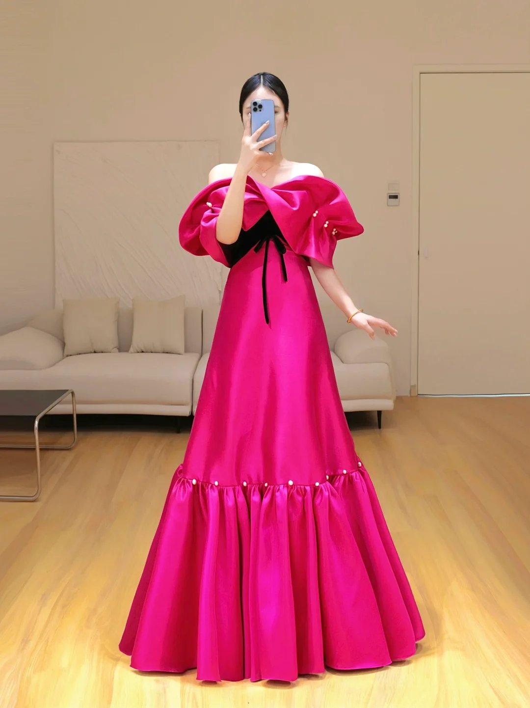 Gorgeous Ball Gown Off The Shoulder Hot Pink Satin Long Prom Dress Party Dress Graduation Dresses DP801