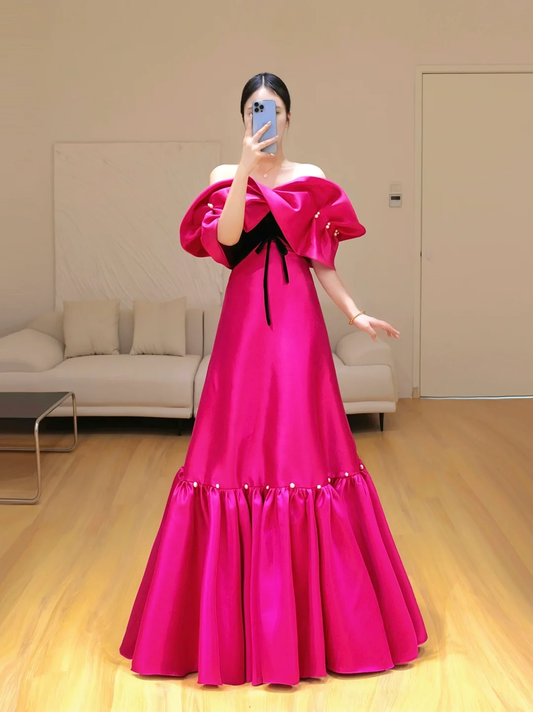 Gorgeous Ball Gown Off The Shoulder Hot Pink Satin Long Prom Dress Party Dress Graduation Dresses DP801