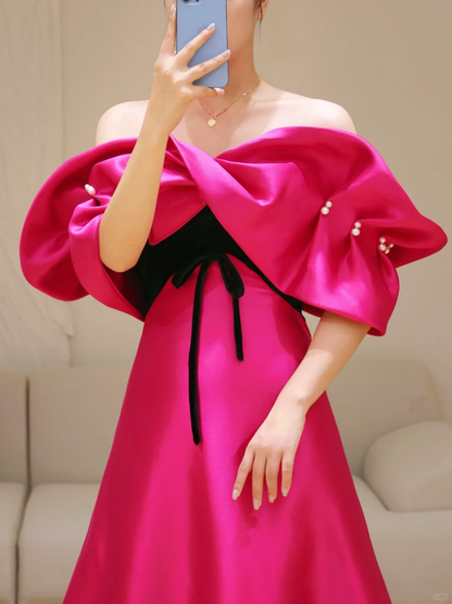 Gorgeous Ball Gown Off The Shoulder Hot Pink Satin Long Prom Dress Party Dress Graduation Dresses DP801