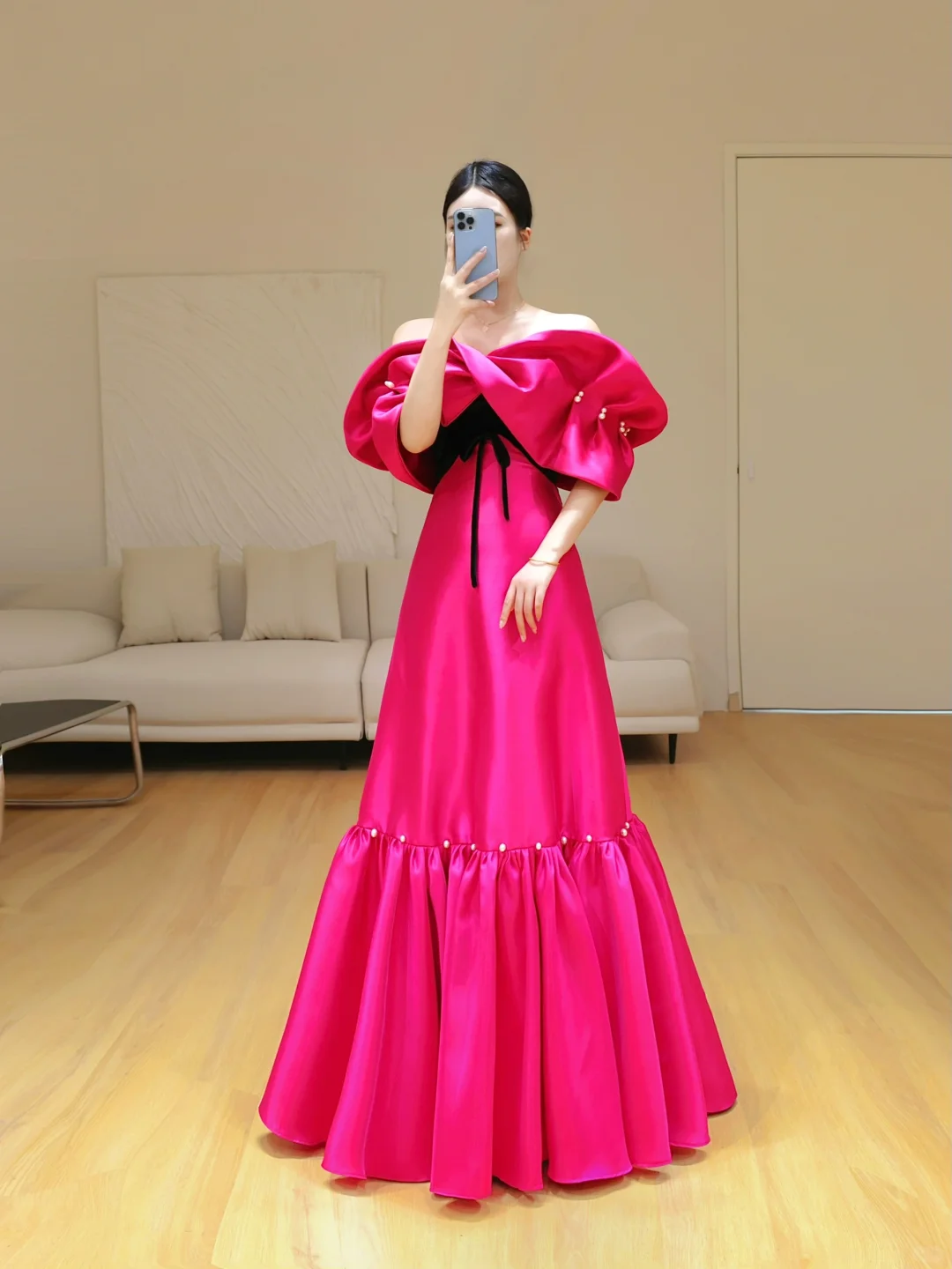 Gorgeous Ball Gown Off The Shoulder Hot Pink Satin Long Prom Dress Party Dress Graduation Dresses DP801