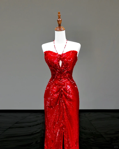 Gorgeous Sheath Sweetheart Sequin Red Slit Long Prom Dress Party Dress Graduation Dresses DP802