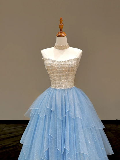 Stunning Ball Gown Strapless Blue Tulle Long Prom Dress Party Dress Graduation Dresses DP803