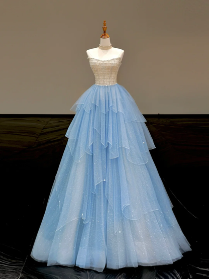 Stunning Ball Gown Strapless Blue Tulle Long Prom Dress Party Dress Graduation Dresses DP803