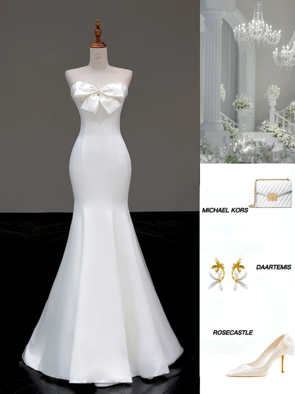 Simple Bridal Gown Mermaid Strapless Satin White Wedding Dresses Minimalist Bridal Gowns DP805