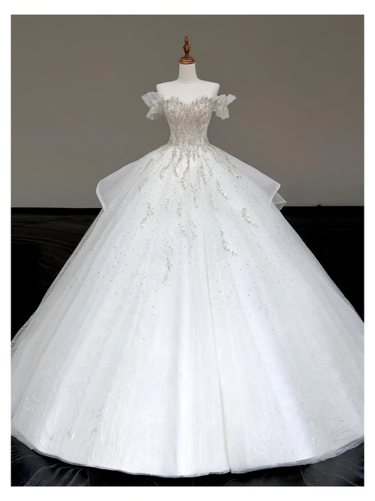 Classy Elegant Ball Gown Off The Shoulder Sequin White Short Sleeves Wedding Dress Brides Dress DP808