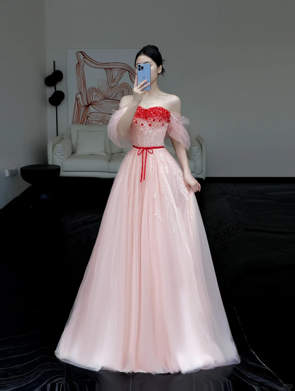Gorgeous A line Off The Shoulder Pink Tulle Long Prom Dress Party Dress Graduation Dresses DP810