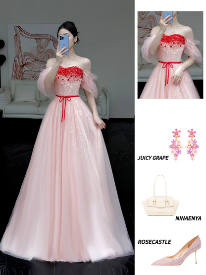 Gorgeous A line Off The Shoulder Pink Tulle Long Prom Dress Party Dress Graduation Dresses DP810
