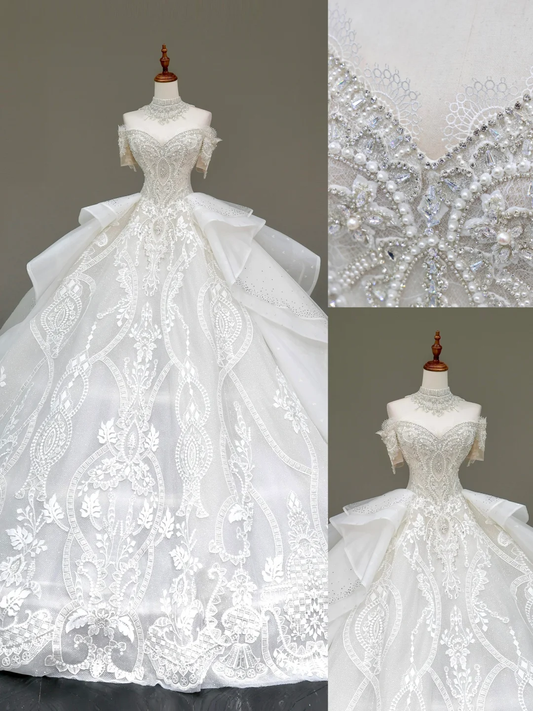 Classy Elegant Ball Gown Off The Shoulder Sequin White Short Sleeves Wedding Dress Winter Brides Dress DP811