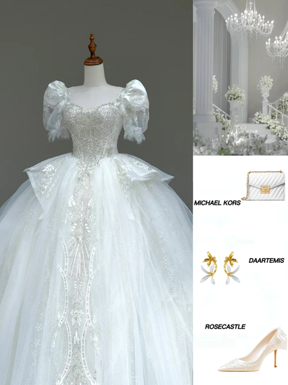 Princess Bridal Gown Ball Gown Sweetheart Short Sleeves White Sequin Wedding Dresses Bridal Gowns DP812