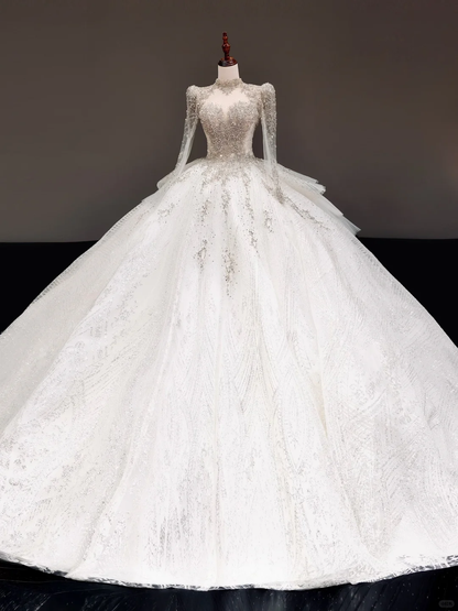 Princess Bridal Gown Ball Gown Sweetheart Long Sleeves White Sequin Wedding Dresses Bridal Gowns DP814