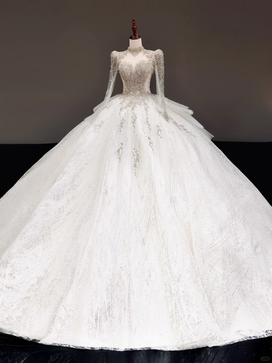 Princess Bridal Gown Ball Gown Sweetheart Long Sleeves White Sequin Wedding Dresses Bridal Gowns DP814