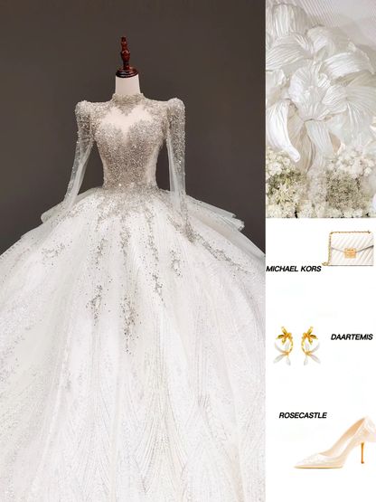 Princess Bridal Gown Ball Gown Sweetheart Long Sleeves White Sequin Wedding Dresses Bridal Gowns DP814