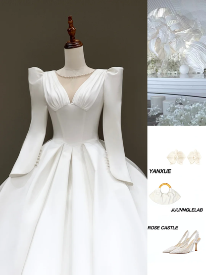 Princess Bridal Gown Ball Gown Scoop Satin White Pearls Wedding Dresses With Bow-knot Bridal Gowns DP819