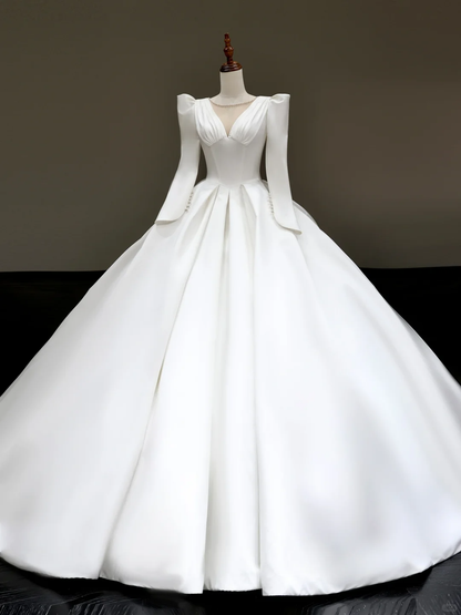Princess Bridal Gown Ball Gown Scoop Satin White Pearls Wedding Dresses Bridal Gowns DP840
