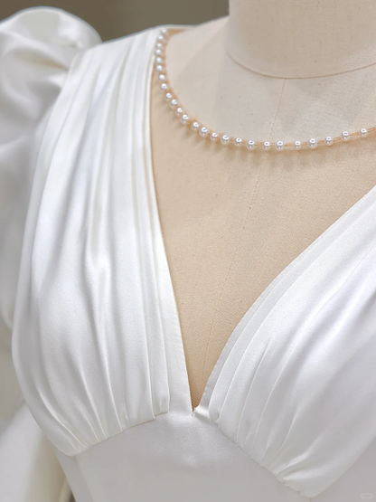 Princess Bridal Gown Ball Gown Scoop Satin White Pearls Wedding Dresses With Bow-knot Bridal Gowns DP819