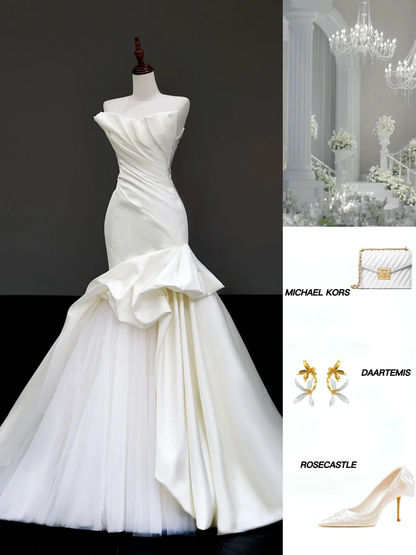 Simple Bridal Gown Mermaid Strapless Satin White Wedding Dresses Minimalist Bridal Gowns DP820