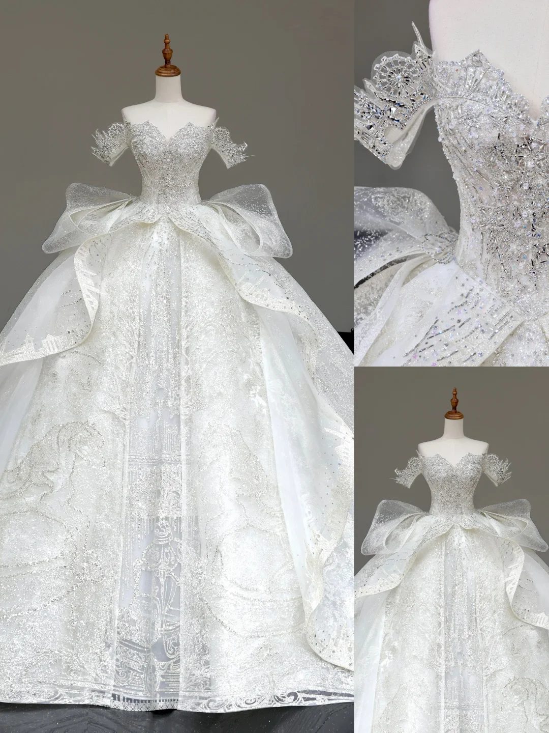 Classy Elegant Ball Gown Off The Shoulder Sequin White Short Sleeves Wedding Dress Winter Brides Dress DP822