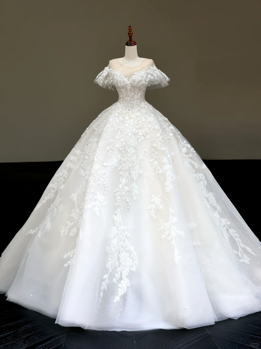 Princess Bridal Gown Ball Gown Scoop Satin White Beads Wedding Dresses With Sleeves Bridal Gowns DP823